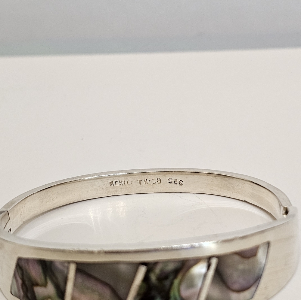 Gorgeous Vintage Abalone Inlaid Hinged Bracelet Sterling Silver! 43.3 Grams - Picture 5 of 9